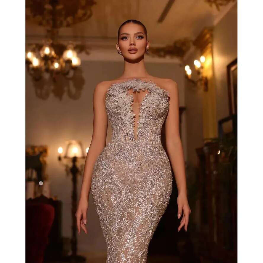 Mermaid V Evening Sleeveless Neck Beaded Exquisite Appliques Sequins Or Length Celebrity D Lace Hollow Formal Prom Dresses Gowns Party Dress