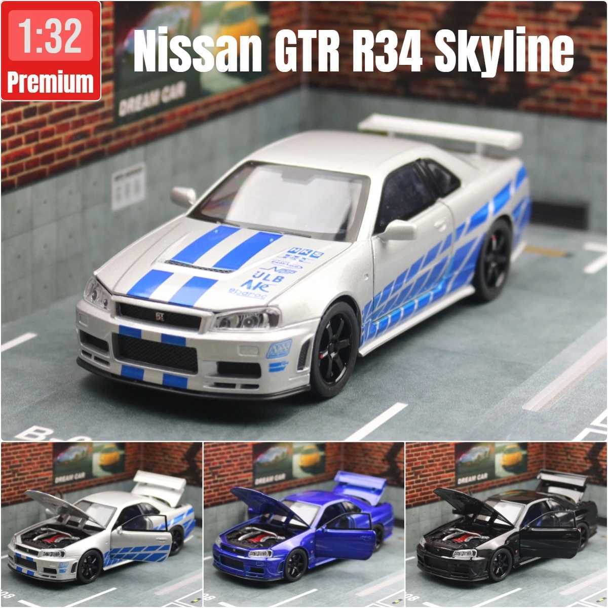 1/32 Nissan Skyline GTR R34 JDM Toy Car Model Diecast Vehicle Miniature Sound Light Pull Back Collection Gift Children Boy Free shipping