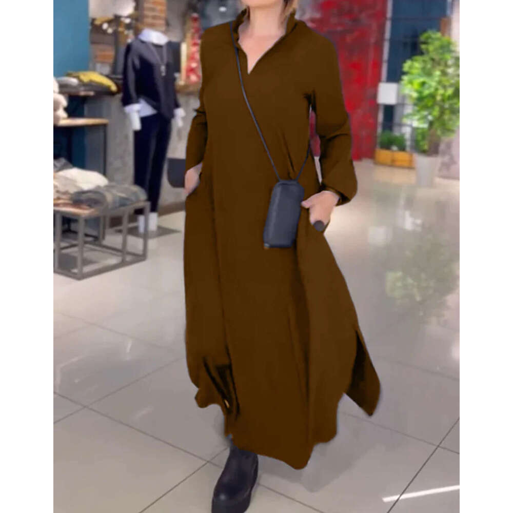 Autumn Winter New European And American Casual Loose Solid Color V-Neck Pullover Long Sleeved Dress For Women