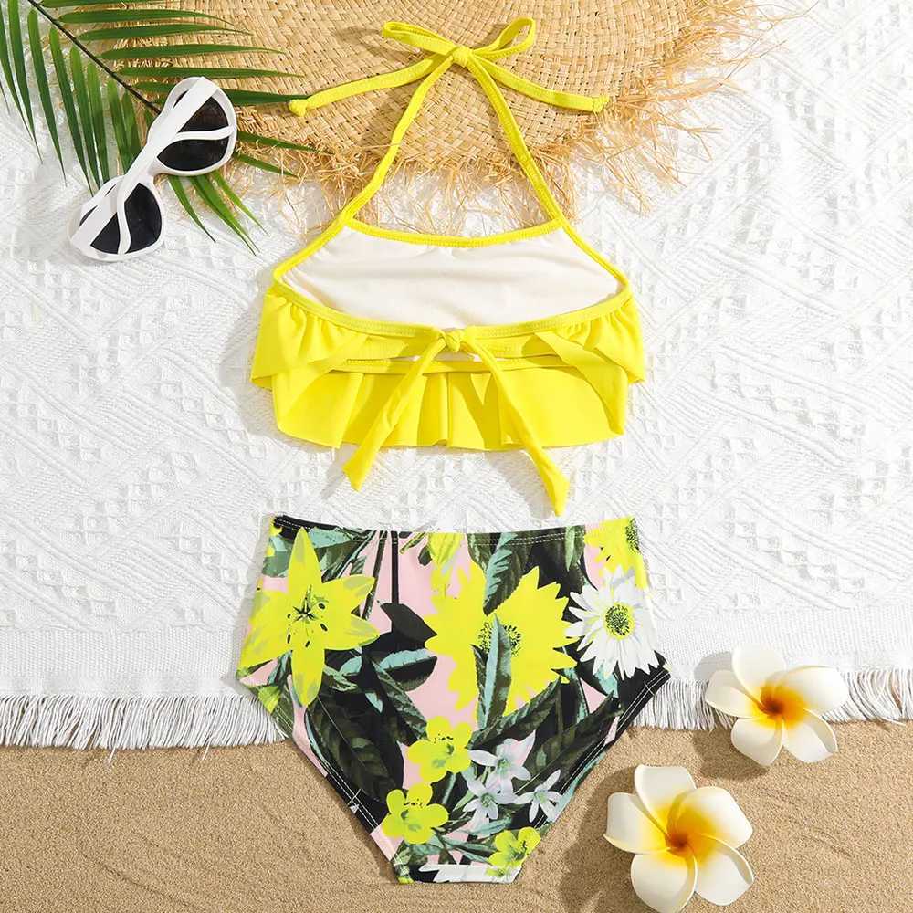 Girl Ruffle Hem Floral Bikini Swimsuit Kids High Waist Two Piece Childrens Swimwear 5-14 Years Halter Top Swimming Bathing Suit X250224