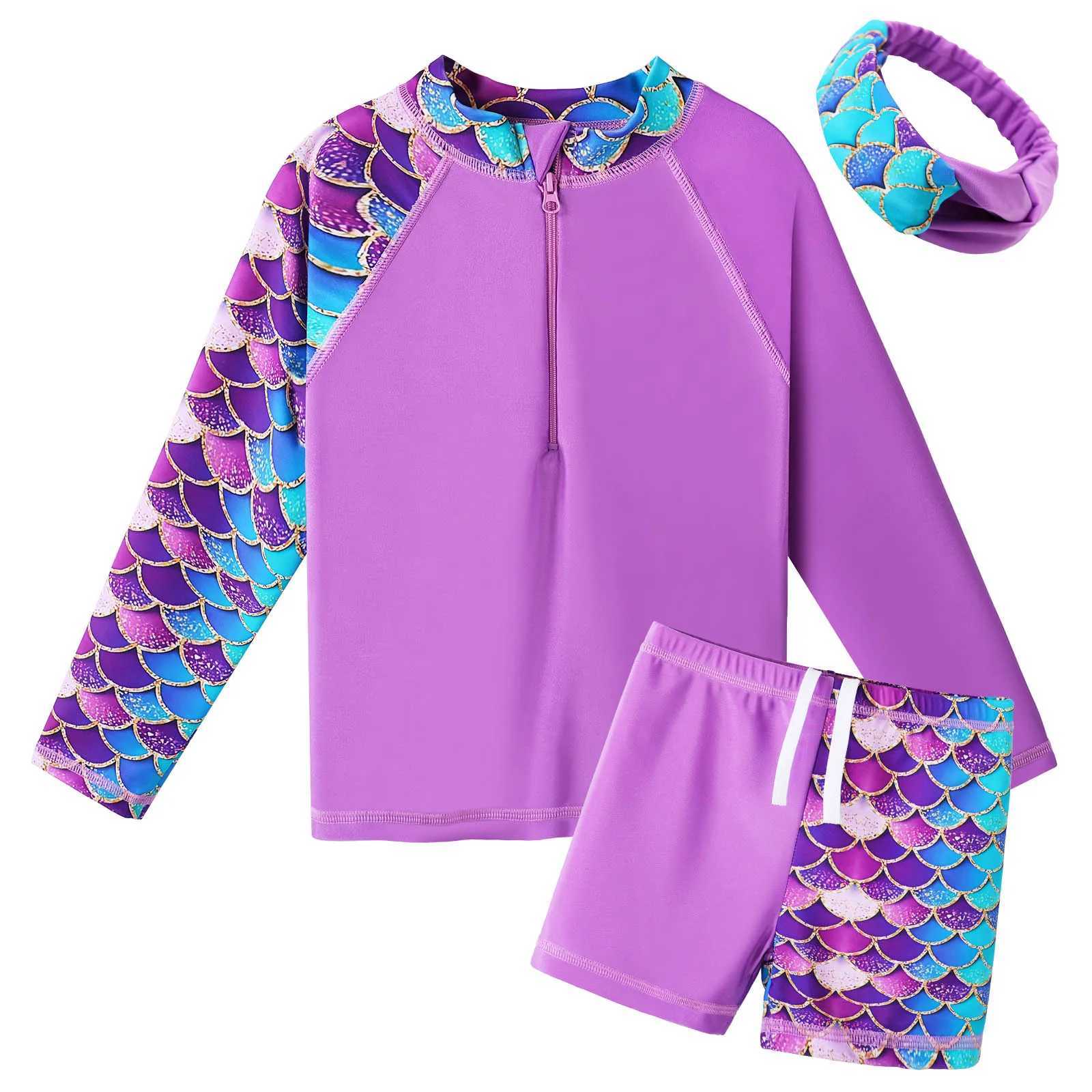 BAOHULU Girls Rash Guard 3 Pieces Swimsuit Long Sleeve Bathing Suit UPF 50+ Beach Swimwear 5-12 Years with Matching Headband X250224