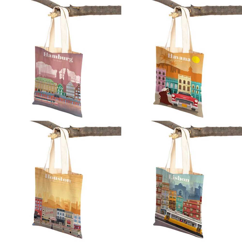 Fashion City Map London New York Paris Spain Shopping Bag Handbag Womens Handbag Casual Canvas Womens Shopping Bag on Both Sides Z250224