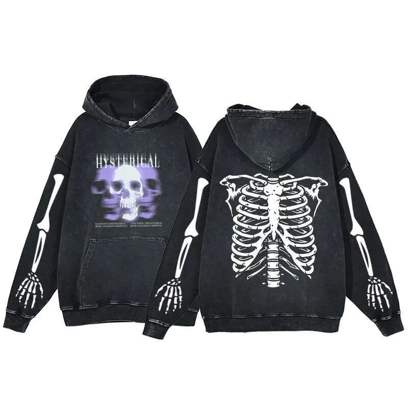 Acid Washed Anime Hoodie Women Fashion Sweatshirts Skeleton Printing Winter Streetwear Oversized Y2k Loose Casual Pullovers Tops