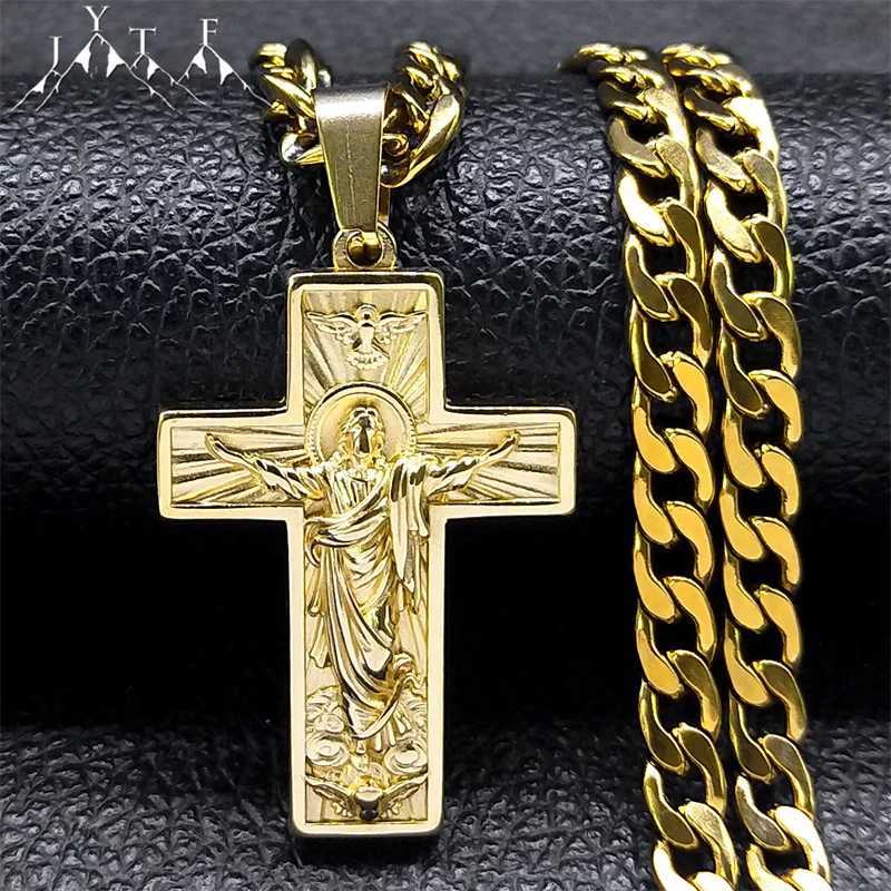 Stainless Steel Cross Jesus Pendant Necklace for Men Gold Color Hip Hop Cuban Chain Religious Crucifix Necklaces Jewelry NZZ470S X250224