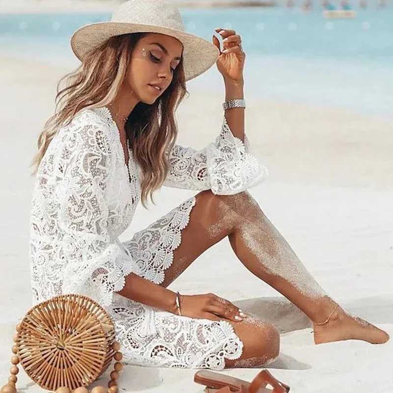 Lace Beach Dress for Women Sexy Sunsn Deep V-neck Hollow Long All White Y2k Short Dress Bikini Blouse Party 25183XJ250224