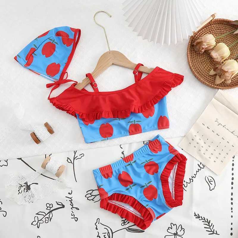 Infant Baby Girl Swimsuits Cute Apple Print Summer Sling Strap Crop Tops+Ruffle Tutu Shorts Toddlers Swimwear Beachwear with Cap X250224
