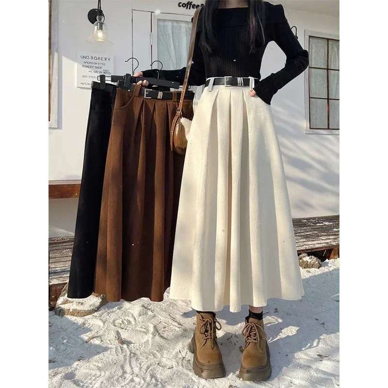Vintage Belt Corduroy Midi Skirts Women Streetwear Black High Waist Pleated Skirt Fall Winter Chic All Match A Line Faldas 250224