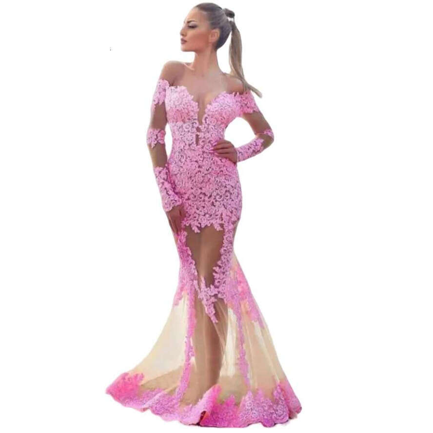 2024 Sexy Prom Dresses Off Shoulder Illusion Mermaid Plus Size Or Length Lace Applqieus Long Sleeves Sheer Tulle Vintage Evening Gowns