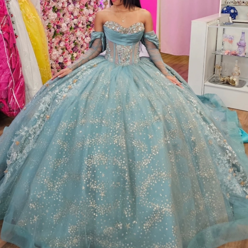 Water Blue Shiny Quinceanera Dresses Ball Gown Off Shoulder Applique Lace Beading Crystal Tull Corset Sweet 16 Dress Vestidos 15 De Anos