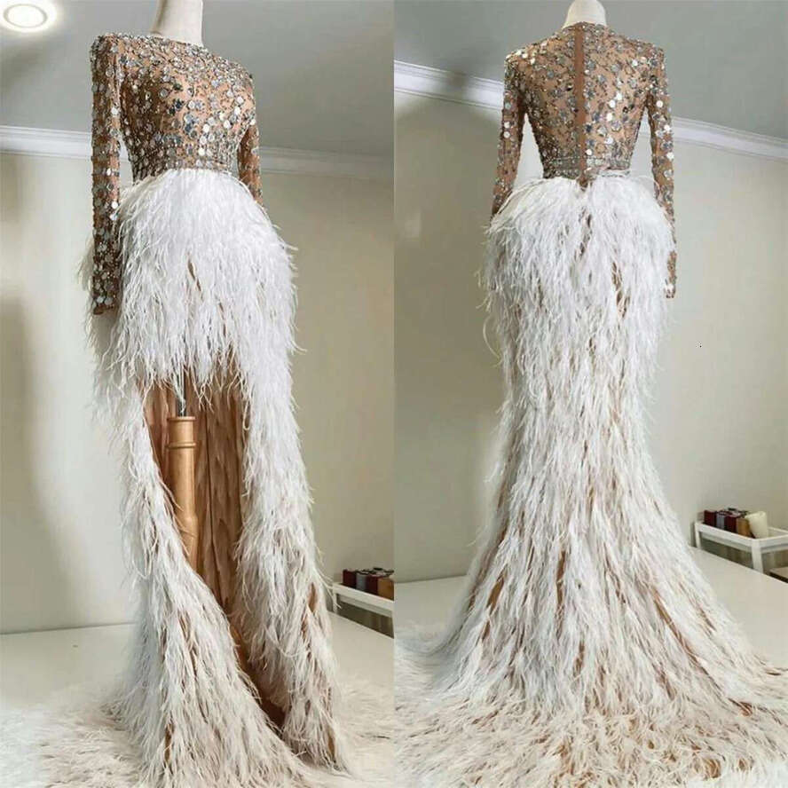 Sexy Illusion Top Evening Dresses With Sequins Hi Lo Feather Skirt Prom Gowns Custom Made Party Celebrity Dress