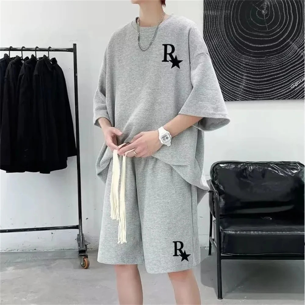 Oversized Japan Korean Fashion College Waffle Set Men Summer Casual Loose Short Sleeve T-shirt Shorts Sports Two Piece Set 250225
