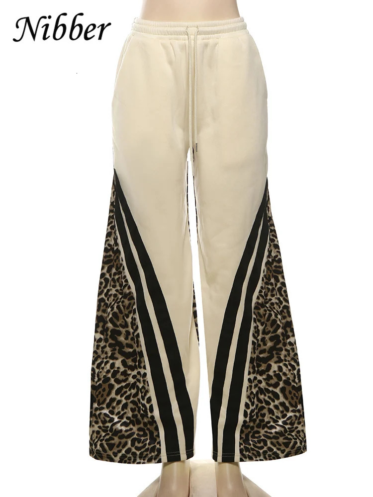 Nibber Side Stripe Women Flare Pants Autumn Hipster Leopard Patchwork Pocket Casual Wild Basic Street Sports Sweatpants Trousers 250225