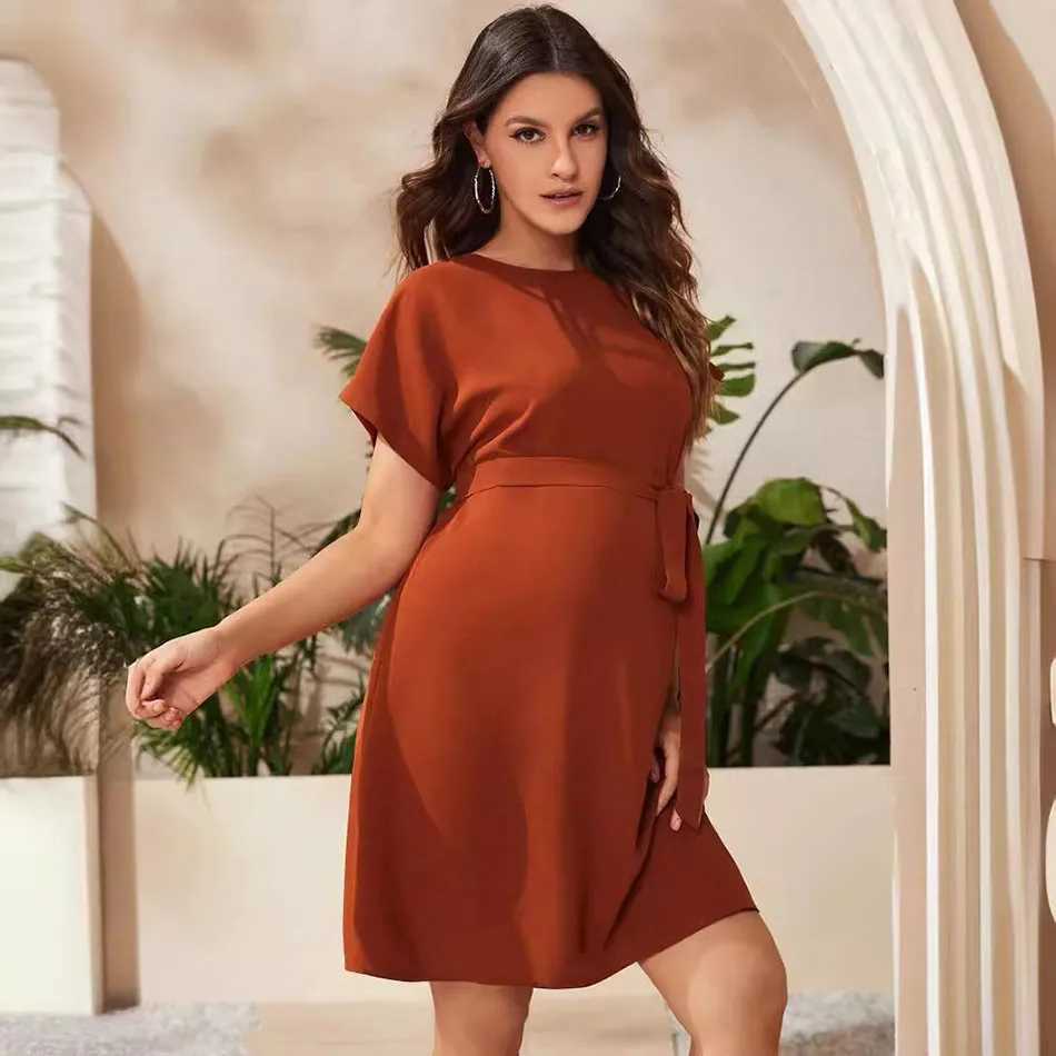 Pregnant Woman Bat Sleeve Waist Tied Dress Pregnant Women Solid Color Lace Up Round Neck High Waisted Dress Women Casual Dress X250224