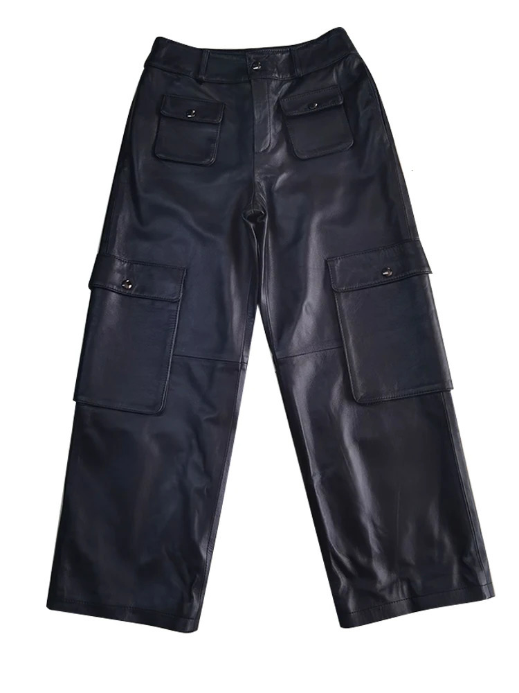 American Safari style genuine leather pants for women high street loose wide leg pants Autumn sheepskin trousers Y4446 250224