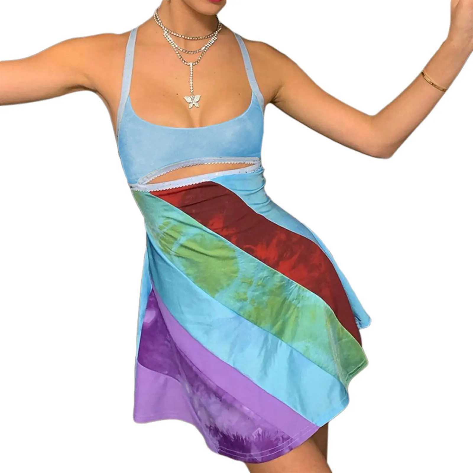 Luioyercxi New Womens Fashion Casual Sweet Suspender A-line Dress Fashion Contrast Color U-neck Hollow Short Dress StreetwearXJ250224