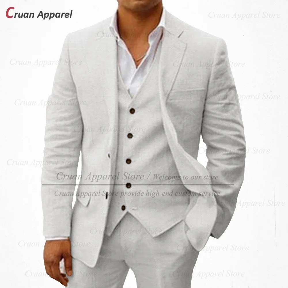 20 Colors Classic Beige Linen Suits Men Set Beach Wedding Groom Suit Summer Casual White Business Jacket Vest Pants 250222