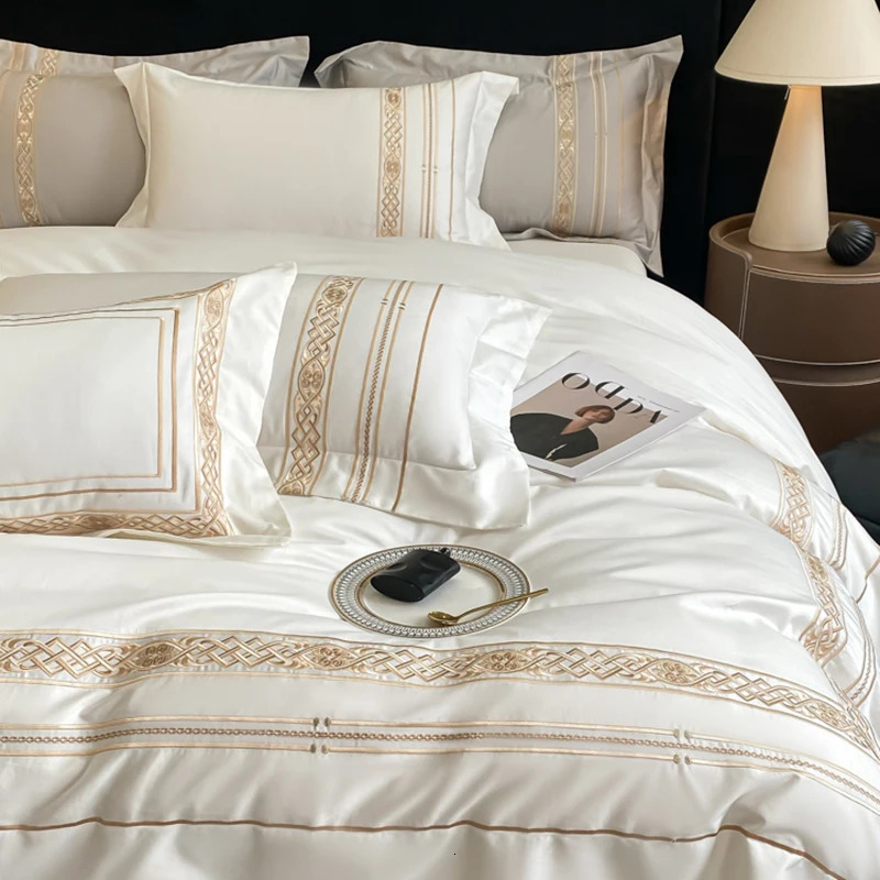 100% Egyptian cotton gold embroidery el style bedding white gray down duvet cover set bed sheet pillowcase 250222