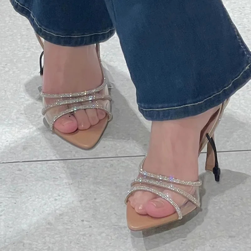 Thin high heels womens 2024 summer fairy style sexy shallow mouth hollow corner water diamond open sole sandals 250218
