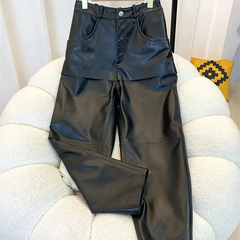 Autumn Winter 2 Pieces Genuine Leather Pants for Women Fashion Loose Casual Sheepskin Ankle Length Harem Pants Y4598 250224