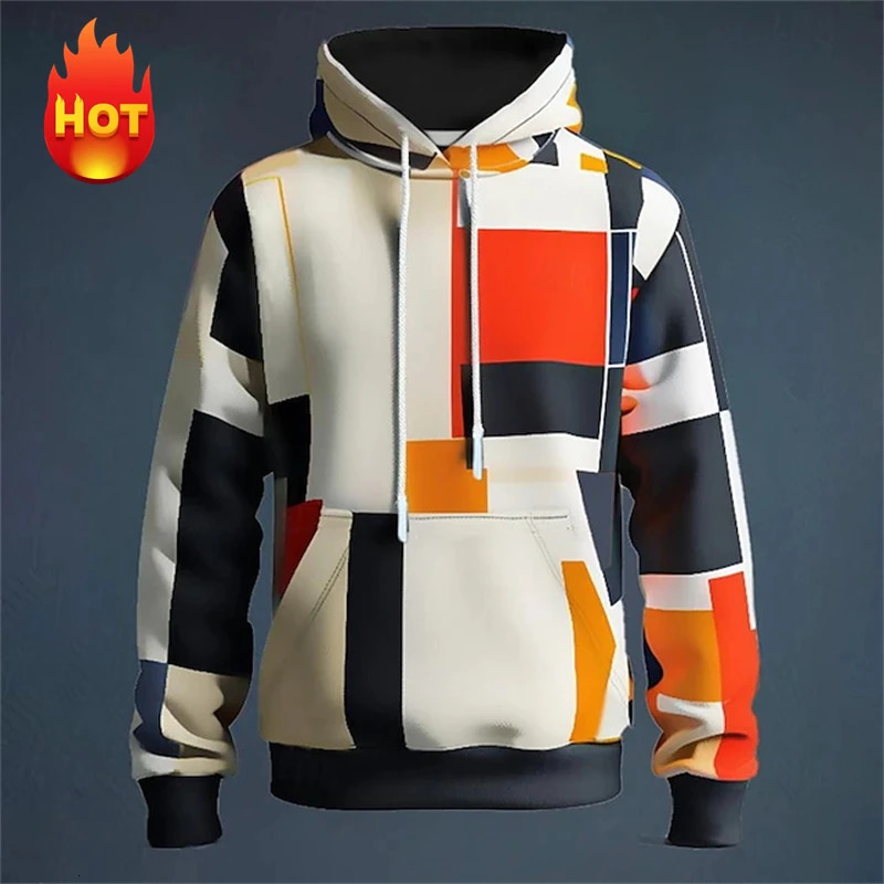 Y2K Mens Hoodie 3d Simulation Stitching Plaid Print Hooded Sweatshirts Pop Men Clothing Oversized Street Designer Pullovers 250224