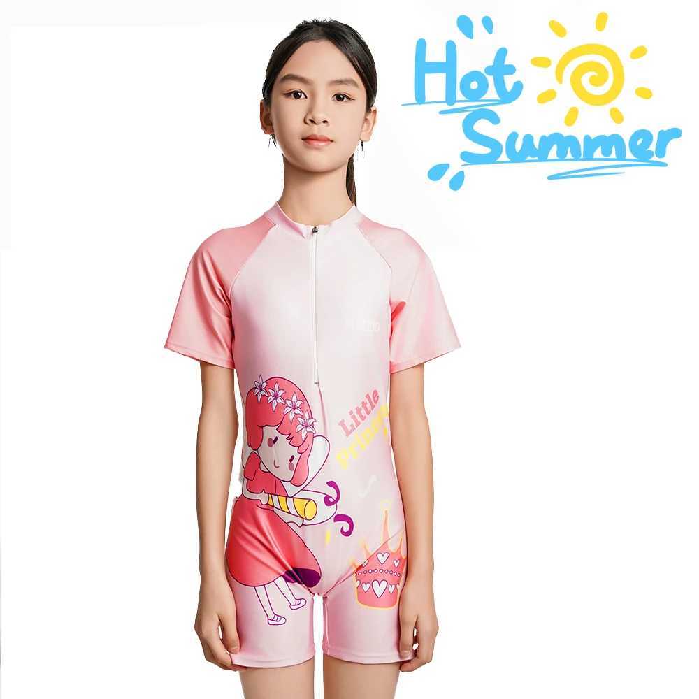 Summer One Piece Swimsuit Girls Little Fairy Print Swimwear Large Size Child Quick Dry Short Sleeve Zipper Professional Swimsuit X250224