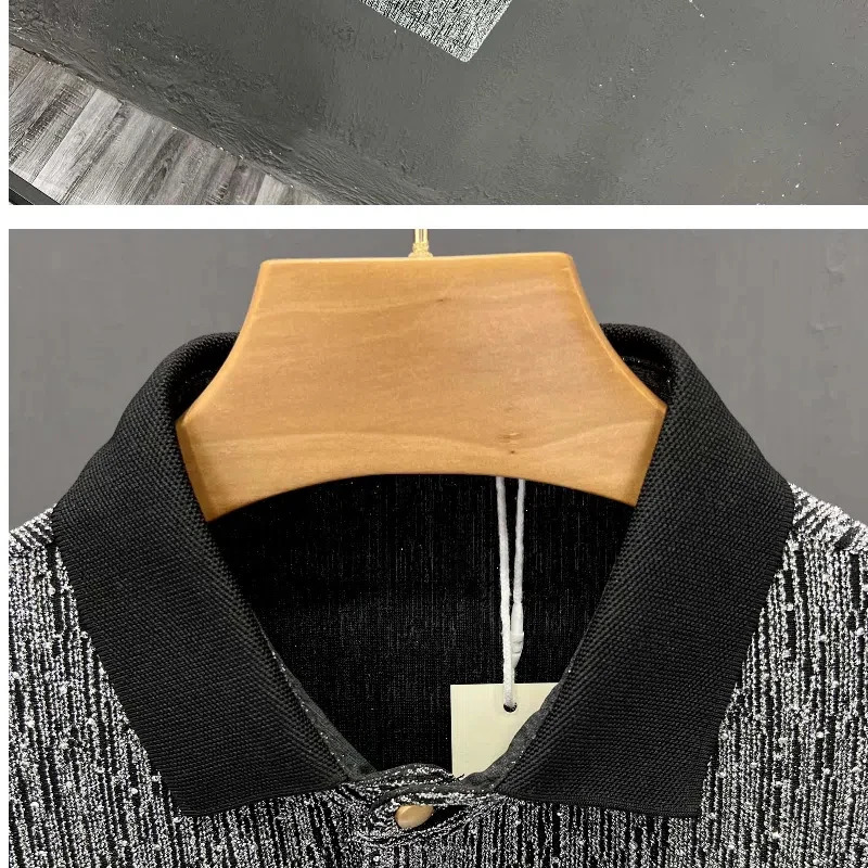 Korean Version Mens Summer Spliced Polo Shirt Printed Buttons Fashion Slim All-match Casual Short Sleeved T-shirt Top 250220