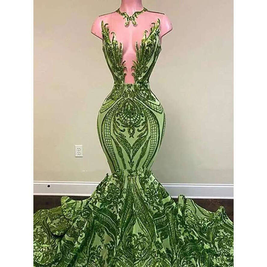 Olive New Green Mermaid Evening Dresses For Women Ruffles Hem Illusion O Neck Lace Sequined Prom Gowns Vestidos Formal Ocn