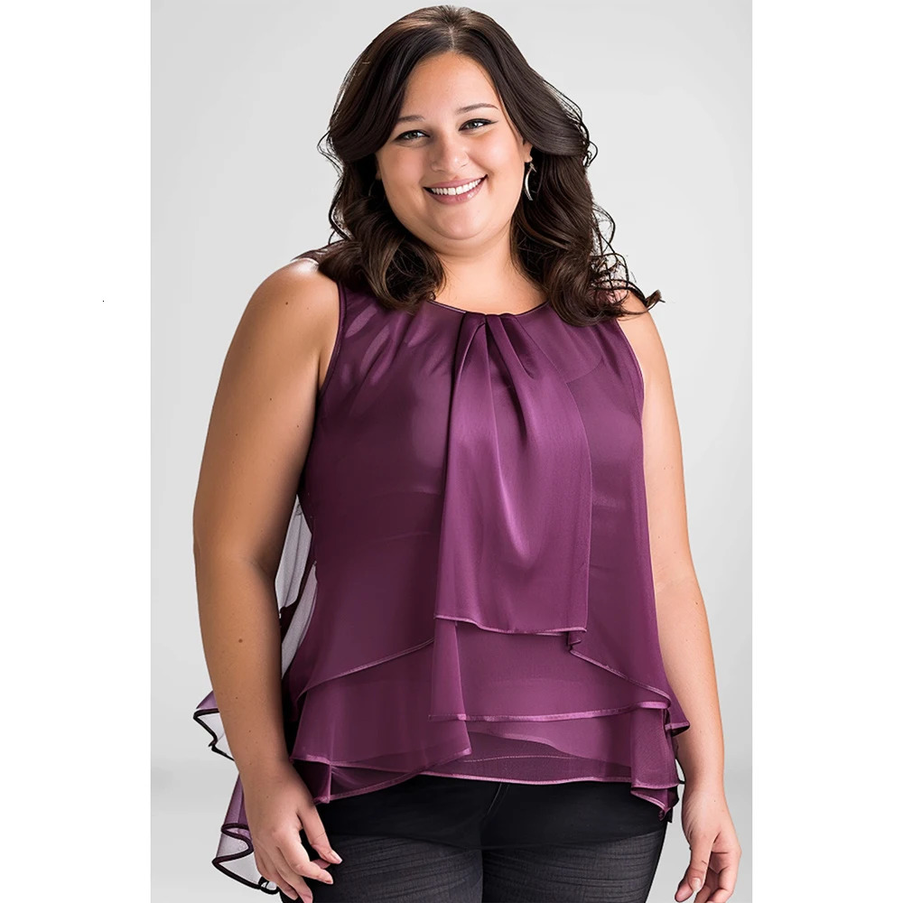 Plus Size Women Clothing Everyday Casual Dark Purple Chiffon Layered Overlay Fold Tank Top Round Neck Shirts 250224