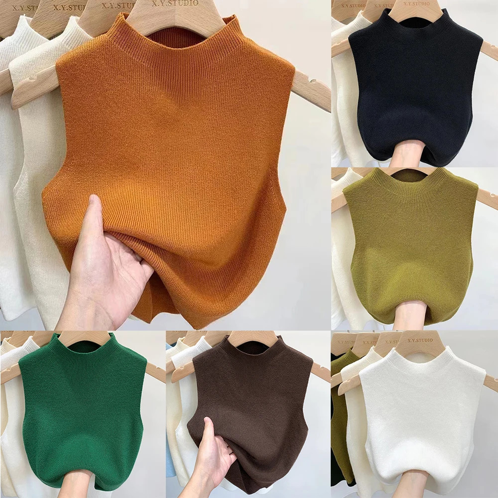 Womens Vest Tank Top Solid Color Knitted Tees T-Shirt Top Cropped Top Camisole Sweater Half-turtleneck Spring Autumn Sleeveless 250224