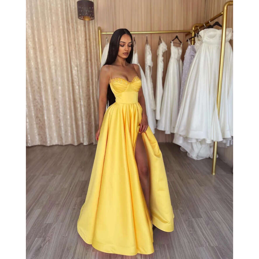 A Elegant E Yellow Prom Dresses Sequins Collar Evening Gowns Pleats Slit Formal Long Special Ocn Party Dress