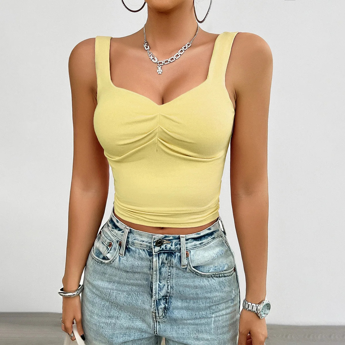 YJKDYK 2025 Summer Womens Camisole Tops Solid Color V-neck Ladys T-shirt Slim Fit Twist Knot Female Vest Women Summer Top 250224