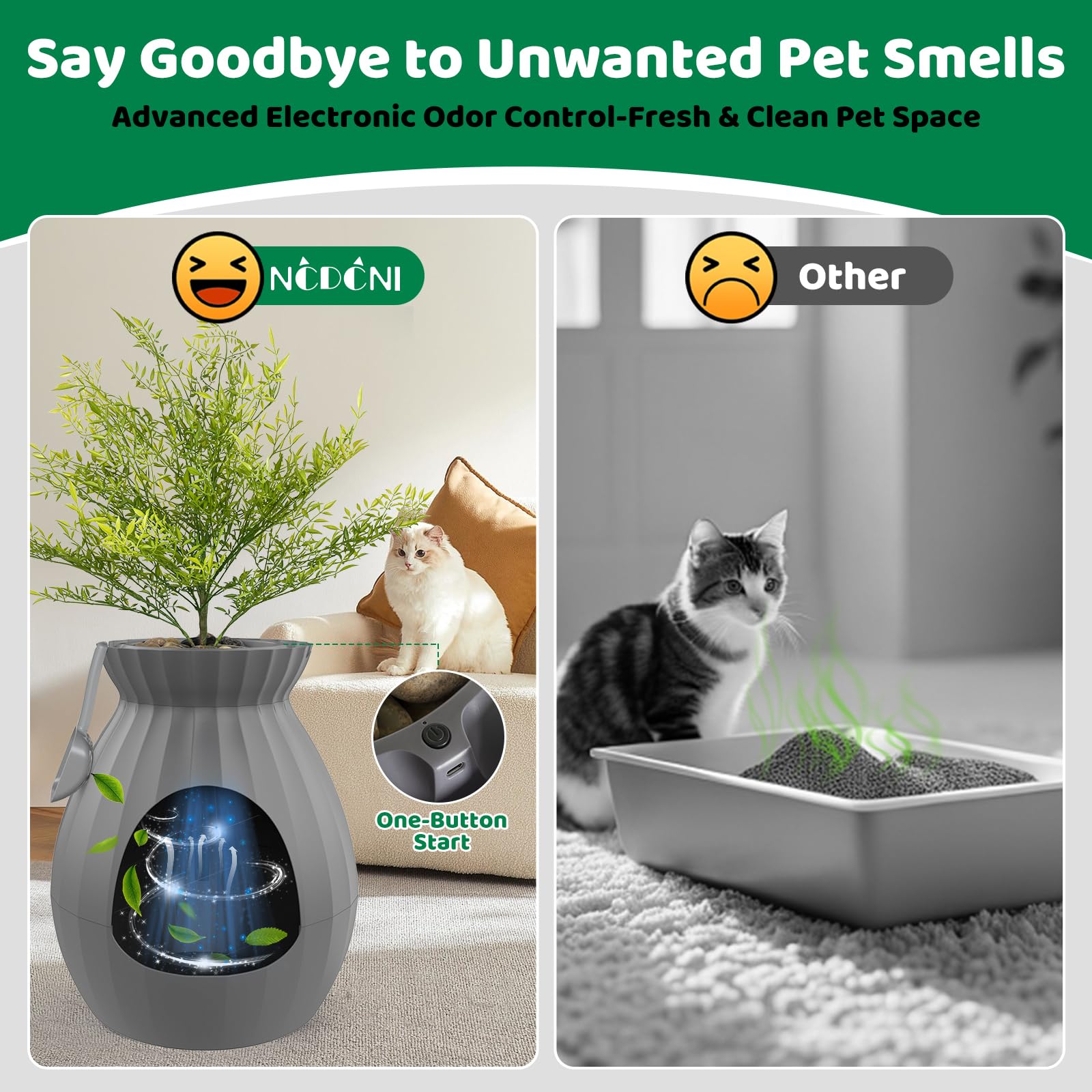 NCDCNI Extra Large Cat Plant Litter Box with Odor Removal, Smart Litter Box for Large Cats, Kitty with Door Curtain, Artificial Plants, Scoop