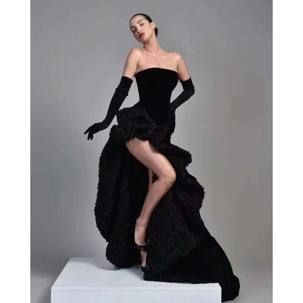 Black Velvet Sleeveless Evening Dresses Strapless Slit Side High Sexy Party Robes Special Banquet Dress