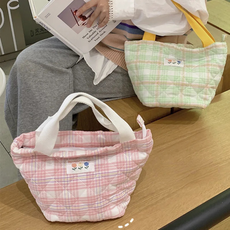 Plaid Lunch Bag Women Thermal Big Capacity Drawstring Lunch Box Tote Food Bags Office Worker Portable Insulated Food Storage Bag 250224