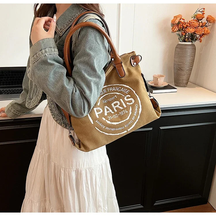 Large Retro Canvas Tote Bag Adjustable Shoulder Strap Vintage Paris Stamp Print Stylish Crossbody for Women 250221