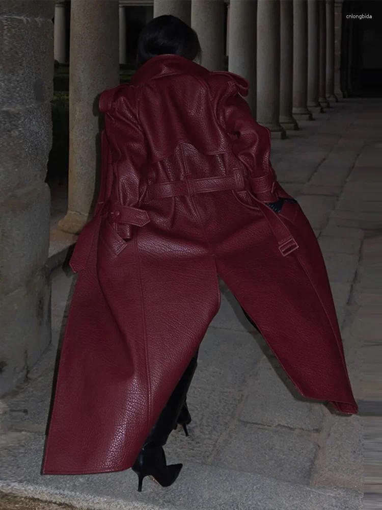 Women's Trench Coats High Street Leather Trenchcoat Women 2025 Early Spring Fashion Lapel Full Sleeves Double Breasted With Belt Female PU LETHER