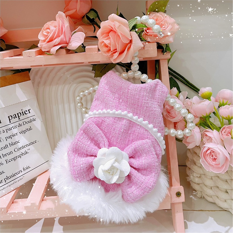 Winter Pure Cotton Dog Dress with Butterfly Flower Decoration, Wool Skirt Hem, Thick Dog Dress for Cold Weather, Suitable for Small and Medium-sized D