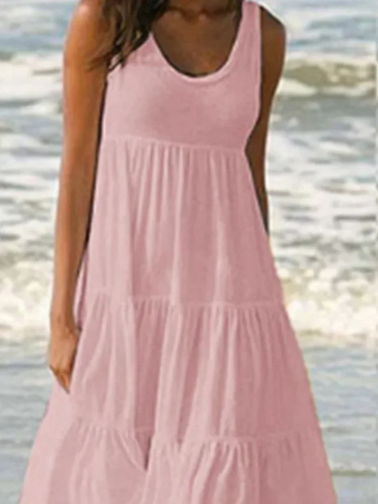 Oversized O Neck Sleeveless Ruffles Loose Beach Dress Women Boho Solid Color Plus Size Elegant Sundress Club Party Vestidos 250225