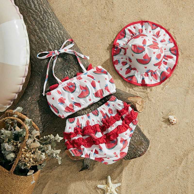 EWODOS 0-24Months Toddler Baby Girl 3pcs Swimsuits Summer Fruit Print Bandage Halter Sleeveless Tops Beach Shorts and Hat Sets X250224