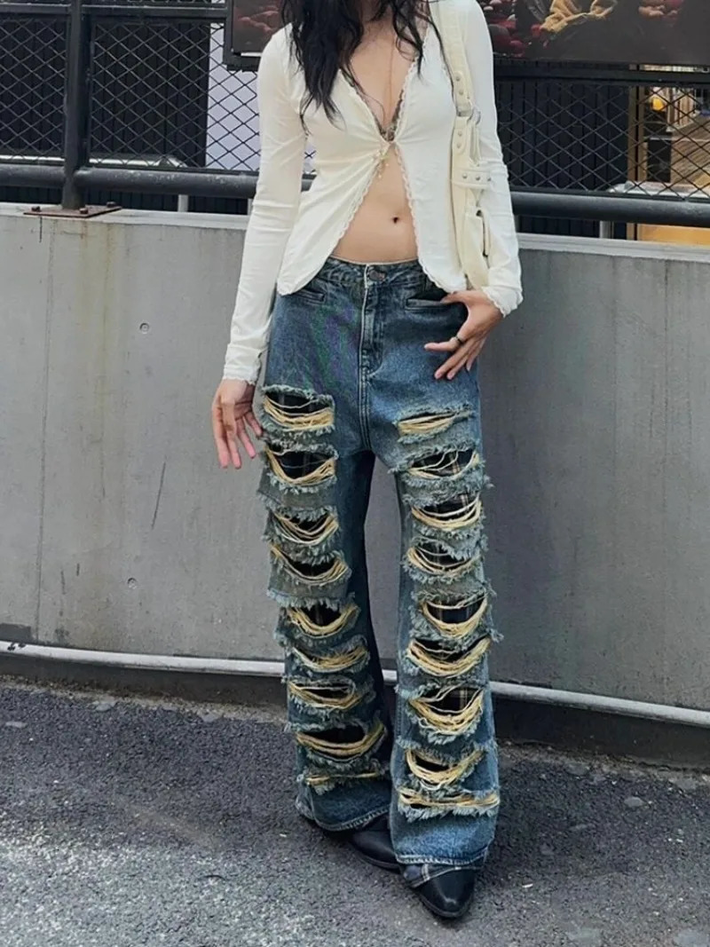 American Heavy Industry Double Ripped Jeans Women Y2K Retro Punk Old Wash Loose Casual High Waist Wide Leg Jeans 250225