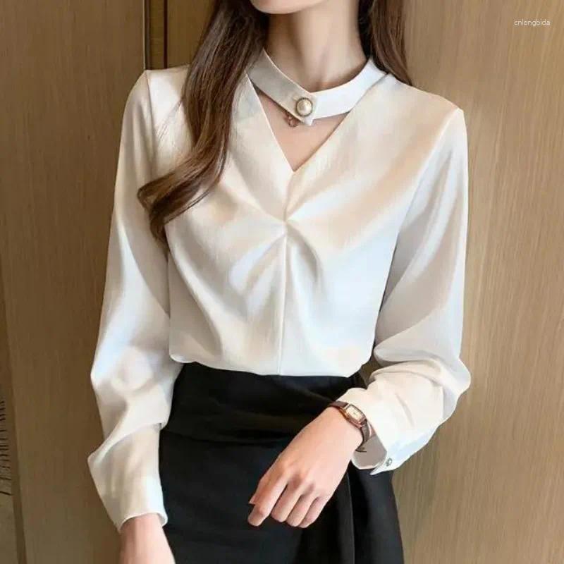 Women's Blouses Women Spring Summer Simplicity Office Lady Solid Color V-neck Long Sleeve Shirts Ladies Fashion Pleated Silk All-match Tops