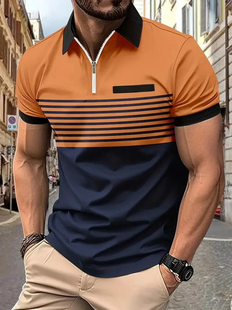 Summer Striped 3D Printed Mens Polo T Shirt Fashion Lapel Button Zipper Top Hipster Trend Streetwear Short Sleeve Tops 250318