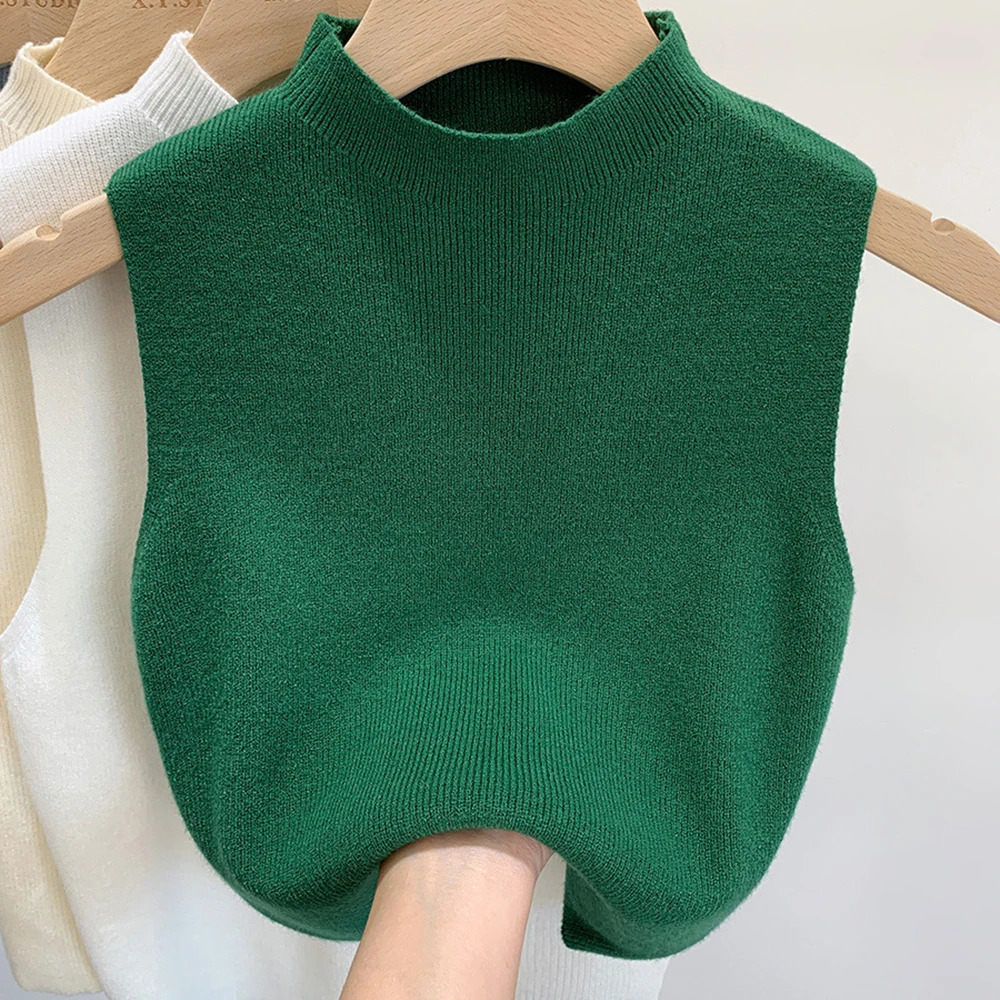 Womens Vest Tank Top Solid Color Knitted Tees T-Shirt Top Cropped Top Camisole Sweater Half-turtleneck Spring Autumn Sleeveless 250224