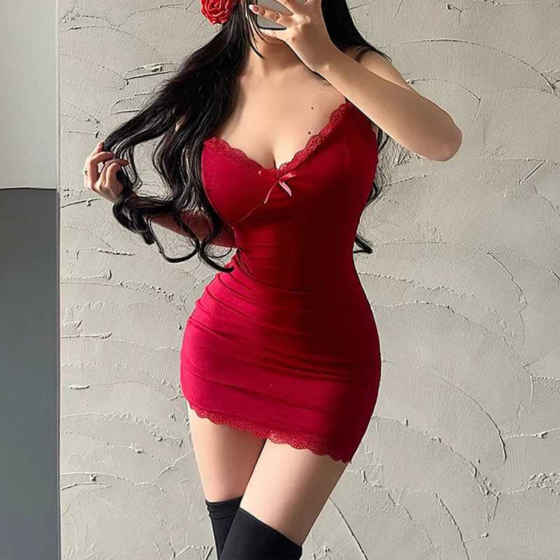 Sexy Lace Splicing Sveless Mini Dress Women Skinny Sling Red Sundress Short Club Summer Black Bodycon Dresses Party GirlsXJ250224