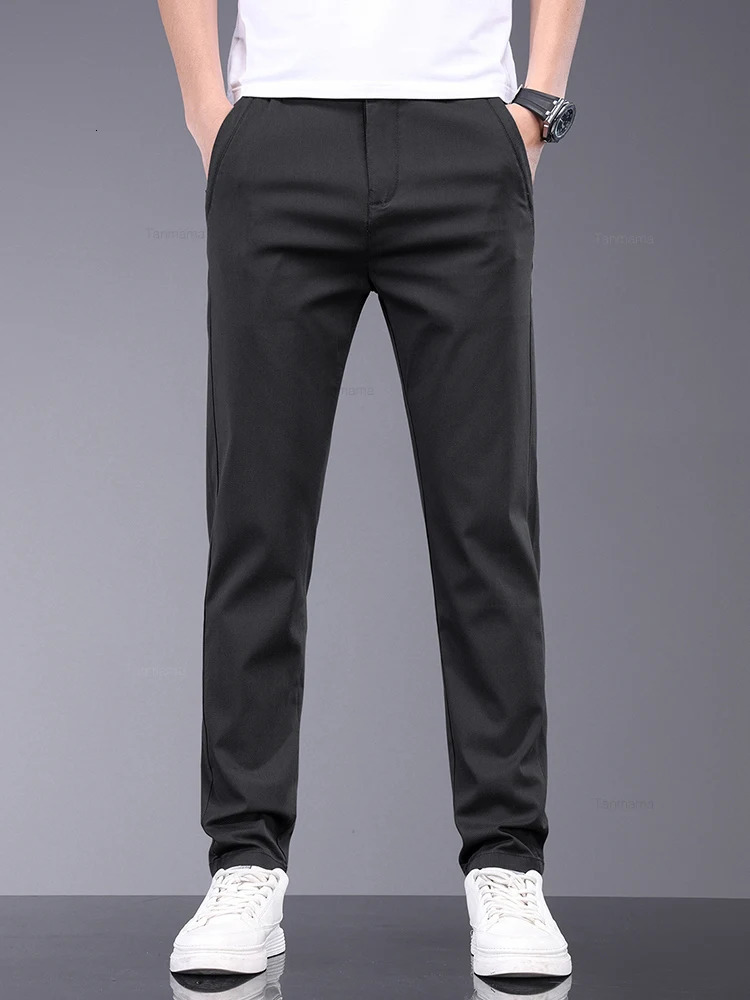 Bamboo fiber fabric summer mens casual pants fashionable thin soft breathable elastic business ultrathin straight pants black gray 250214