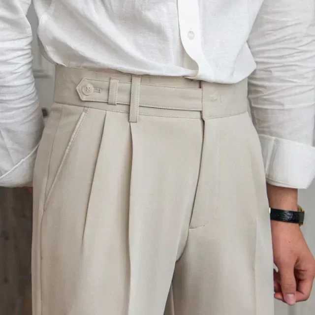 High waisted mens straight casual suit pants high-quality Neapolitan pants elegant British Trouser almond black banquet wedding W250225