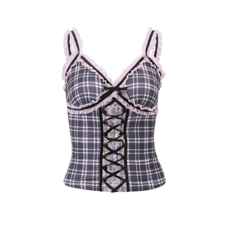 WhereMery Y2K Lace Patchwork Plaid Print Tank Top Fashion V-neck Slip Crop Tops Korean Aesthetic Bandage Backless Camisole 250224