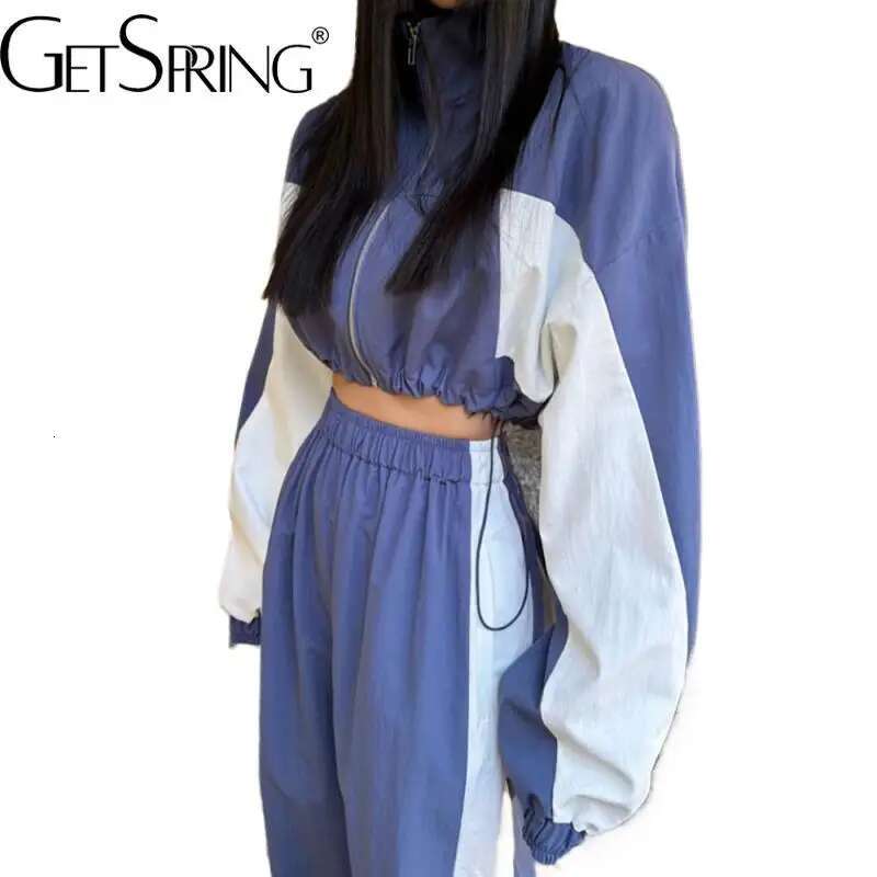 Getspring Women Pant Sets 2024 Autumn Color Matching Quick Drying Short Top Drawstring High Waist Loose Long Wide Leg Two Pieces