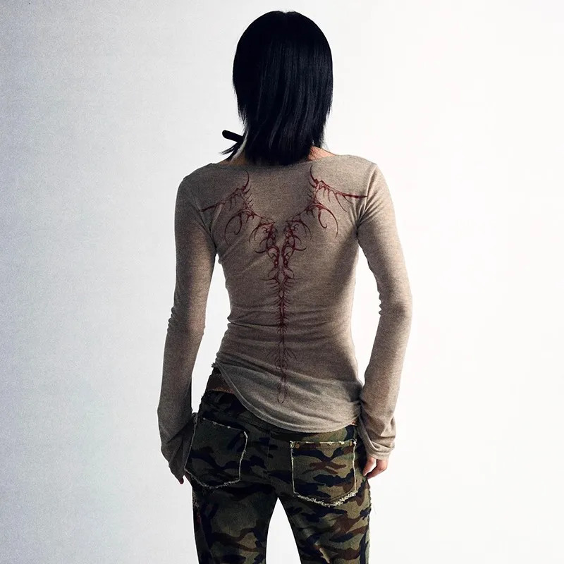 Karrcat Grunge Aesthetics Knitted Tops Vintage Tattoo Print T-shirt Punk Irregular Tee Shirt Gothic Y2k Streetwear Alt 250224