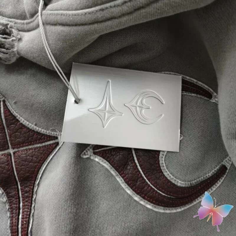 Winter High Quality Splicing Leather Star Moon THUG CLUB Hoodies Oversized Washed Retro Distressed Hole TC Hoodys Men Women